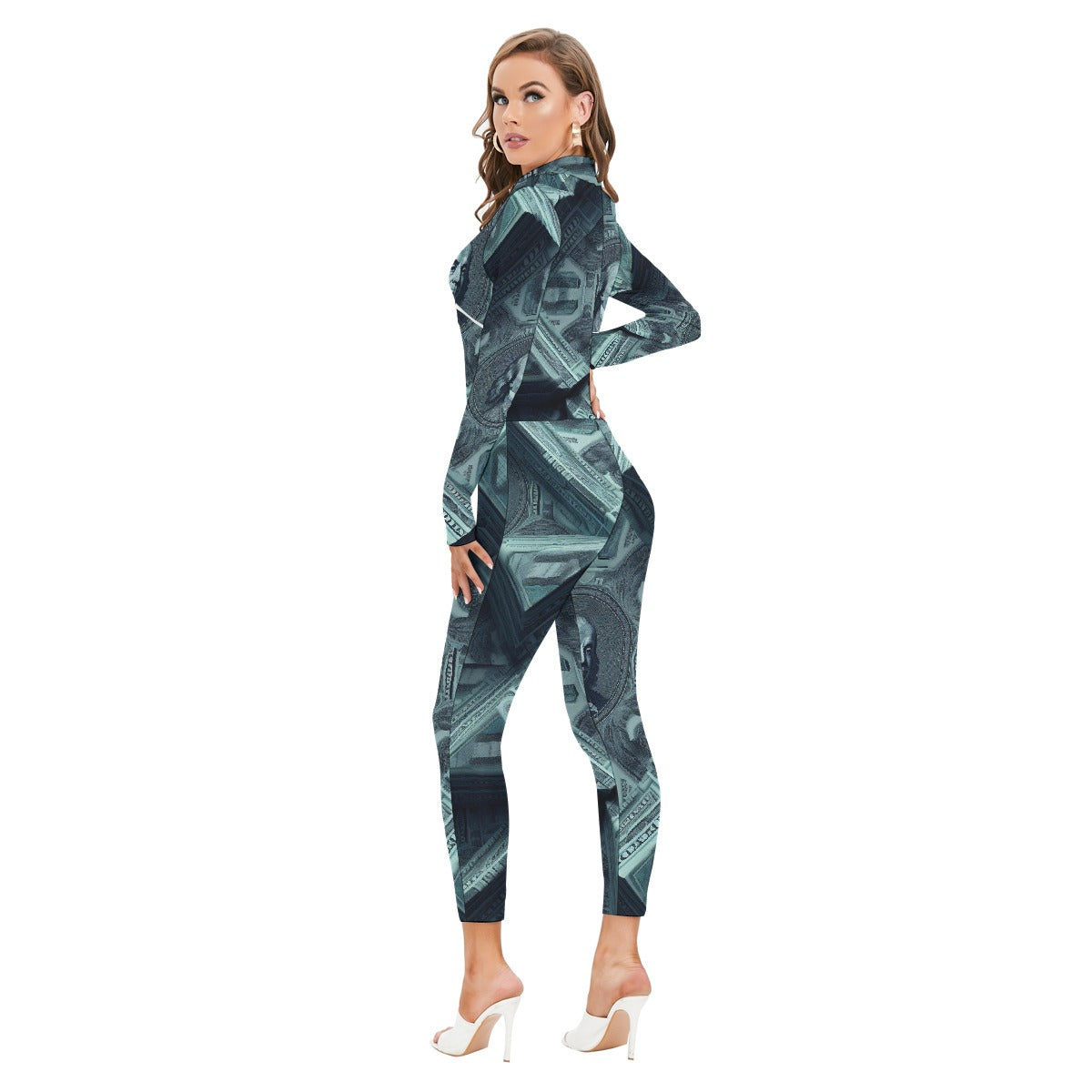 All-Over Print Women's Long-sleeved High-neck Jumpsuit With Zipper