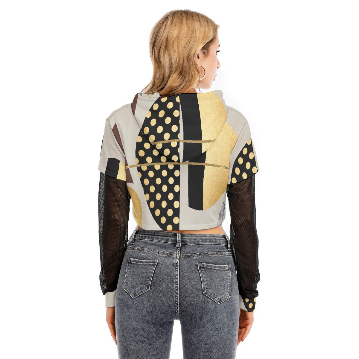 All-Over Print Women's Fake Two-piece Mesh Sleeve Cropped Hoodie