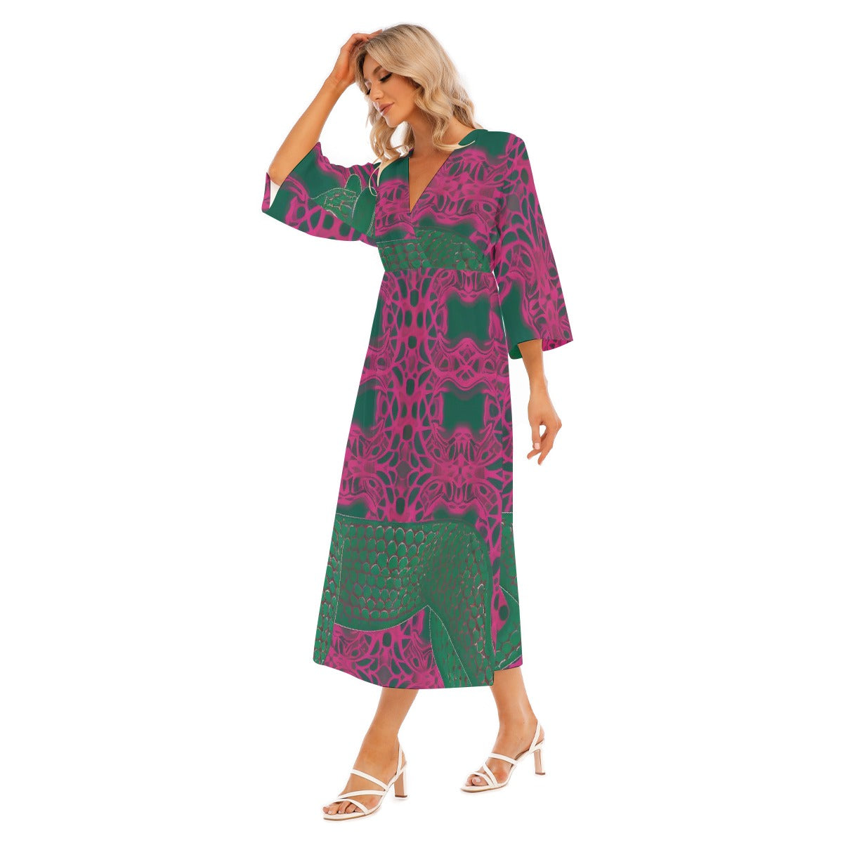 All-Over Print Women's Mid-Sleeve Long Dress