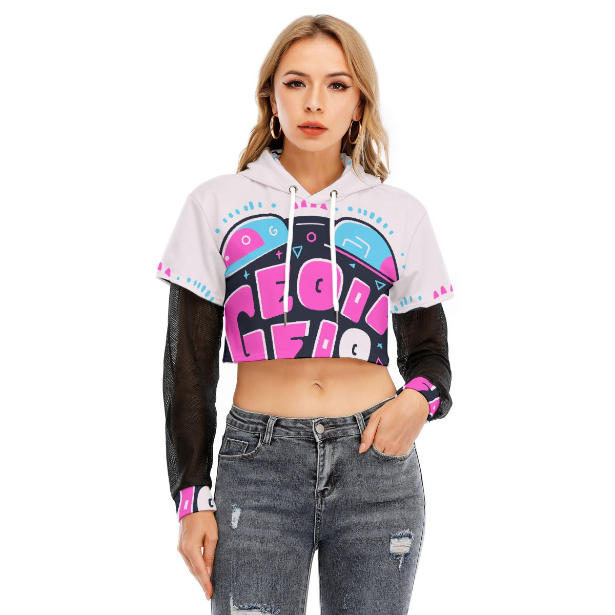 All-Over Print Women's Fake Two-piece Mesh Sleeve Cropped Hoodie