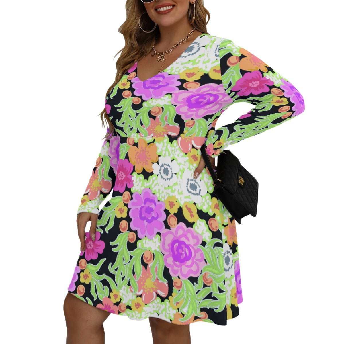 All-Over Print Women's V-neck Long Sleeve Dress(Plus Size)
