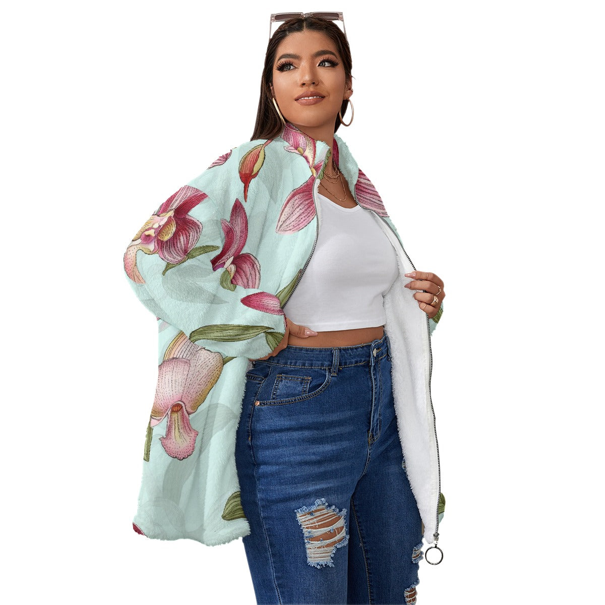 All-Over Print Unisex Borg Fleece Stand-up Collar Coat With Zipper Closure(Plus Size)