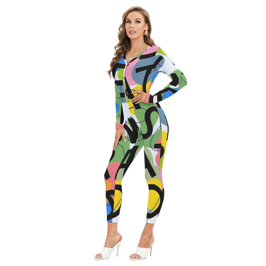 All-Over Print Women's Plunging Neck Jumpsuit
