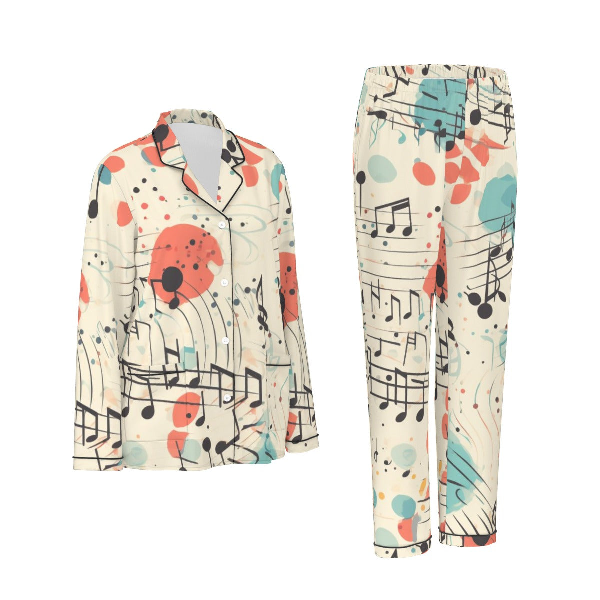 All-Over Print Women's Long Sleeve Pajama Set With Black Contrast Piping