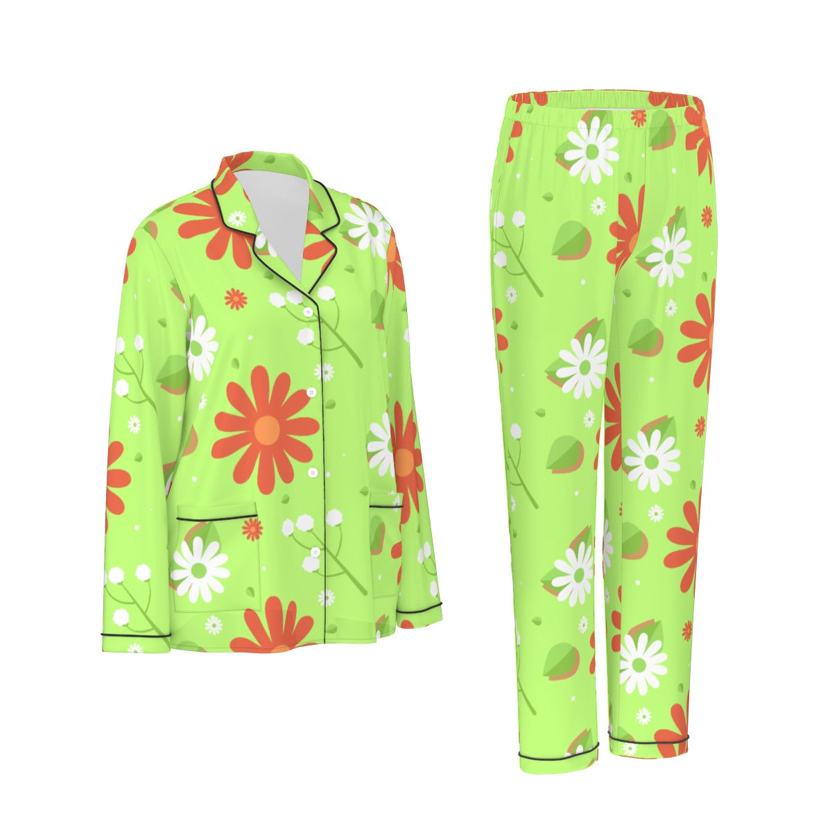 All-Over Print Women's Long Sleeve Pajama Set With Black Contrast Piping