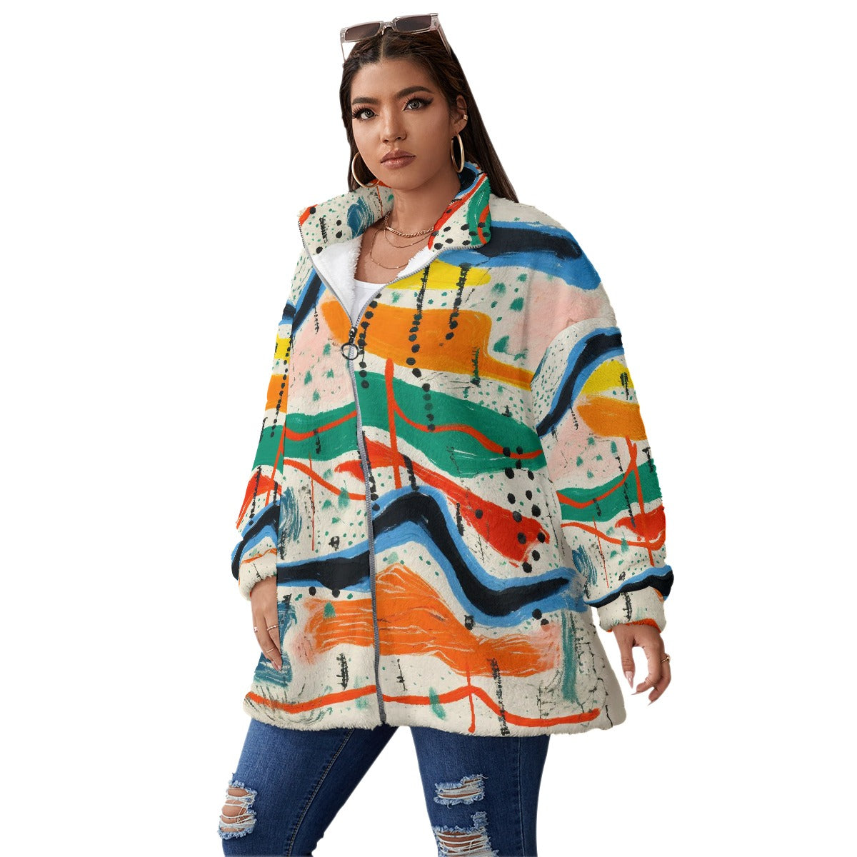 All-Over Print Unisex Borg Fleece Stand-up Collar Coat With Zipper Closure(Plus Size)