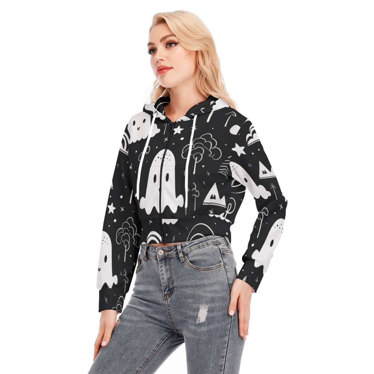 All-Over Print Women's Crop Top Hoodie With Zipper Closure