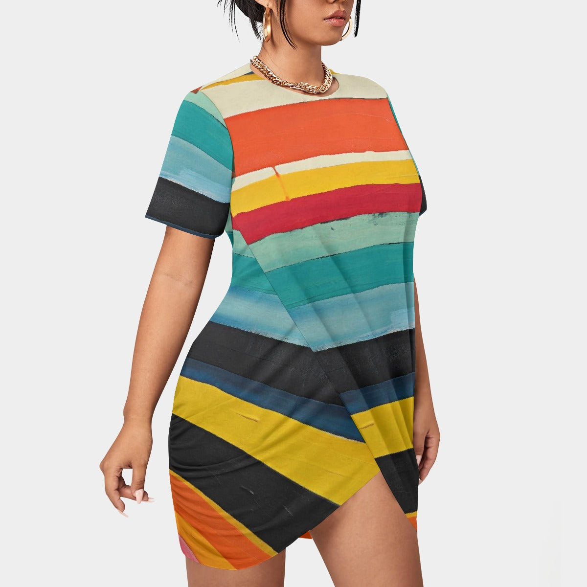 All-Over Print Women’s Stacked Hem Dress With Short Sleeve（Plus Size）