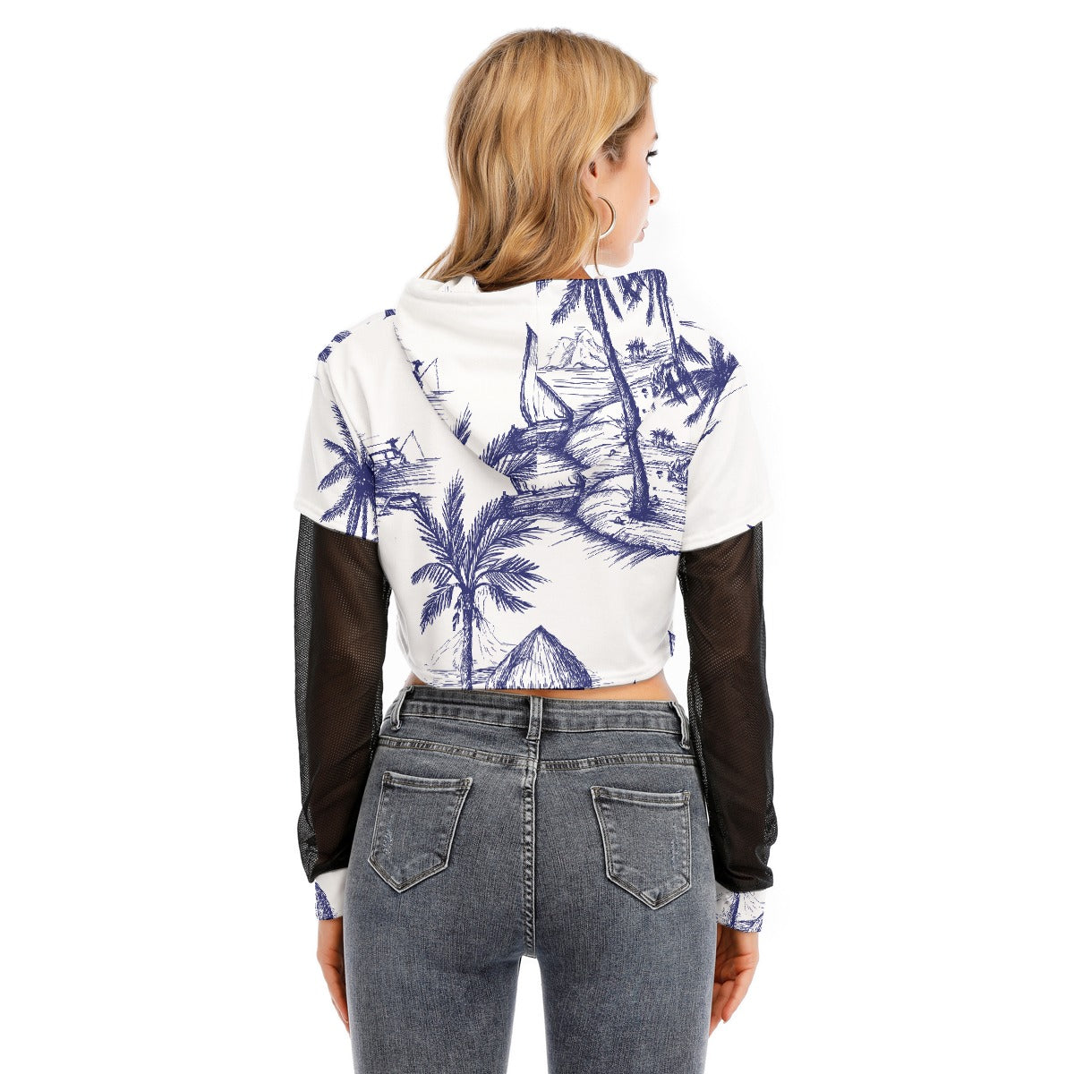 All-Over Print Women's Fake Two-piece Mesh Sleeve Cropped Hoodie