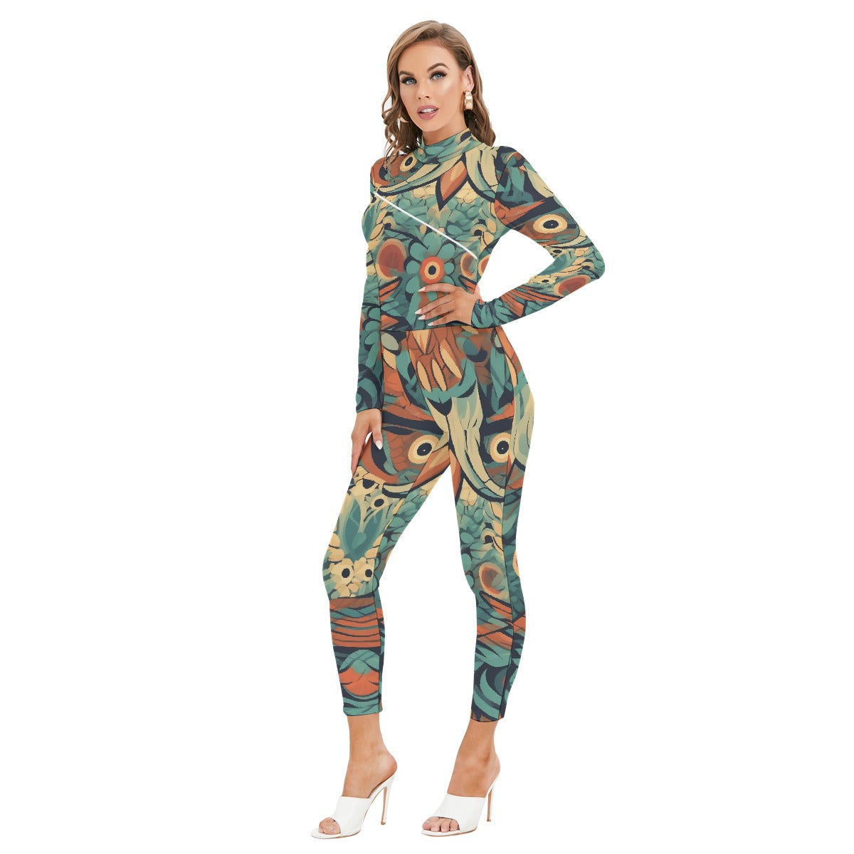 All-Over Print Women's Long-sleeved High-neck Jumpsuit With Zipper