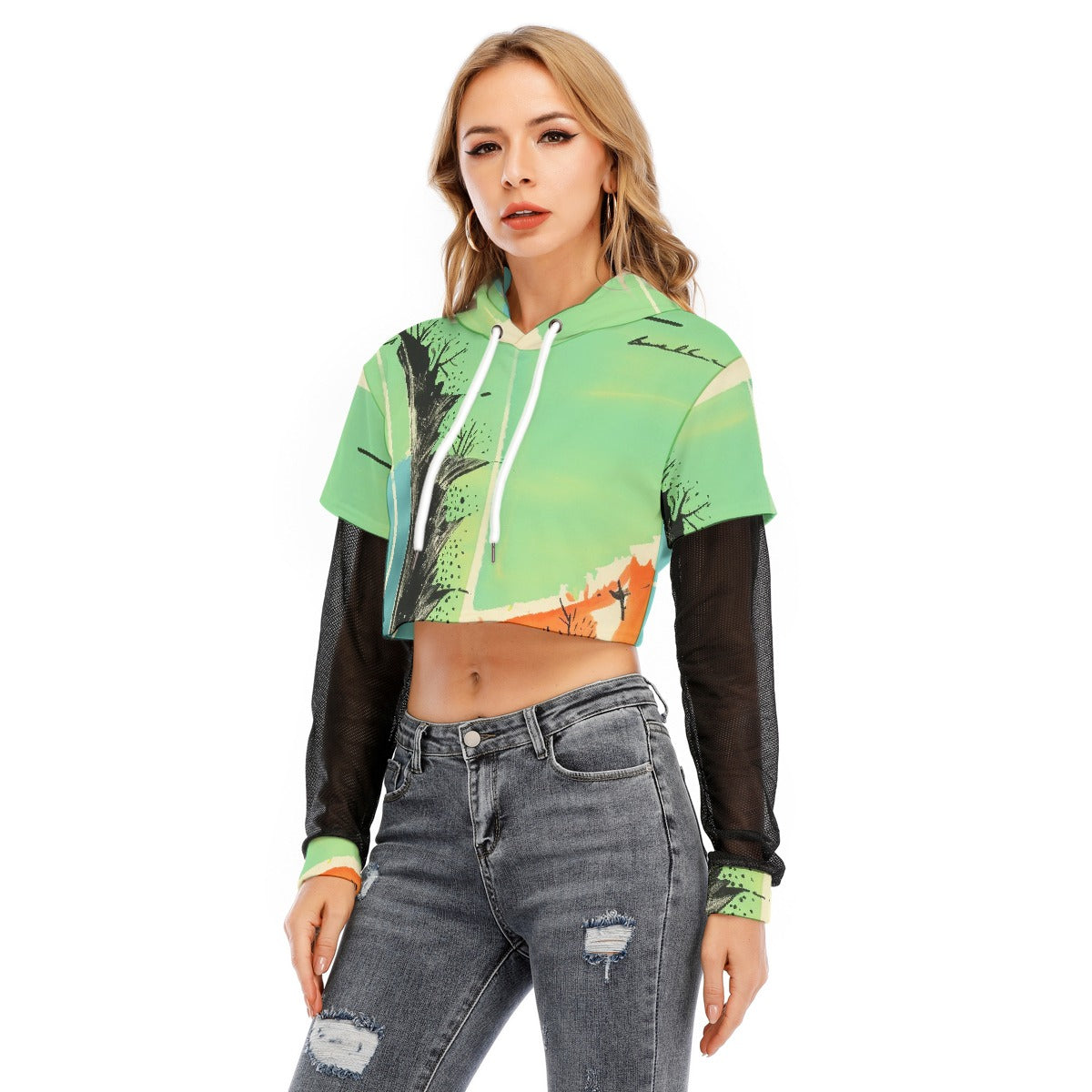 All-Over Print Women's Fake Two-piece Mesh Sleeve Cropped Hoodie