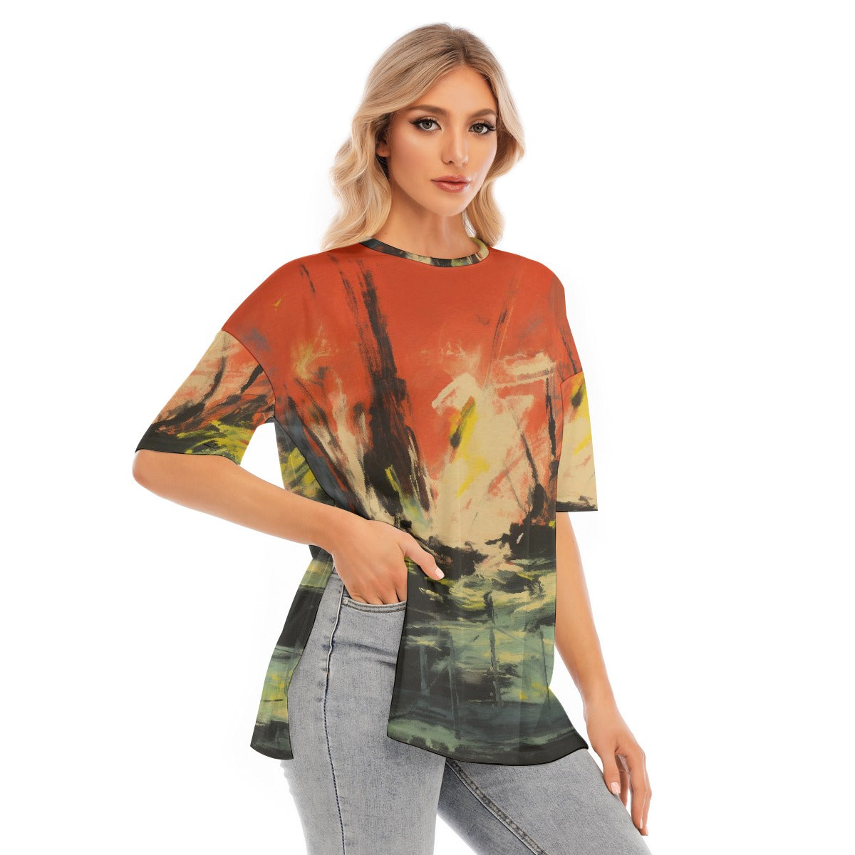All-Over Print Women's Short Sleeves T-shirt With Hem Split