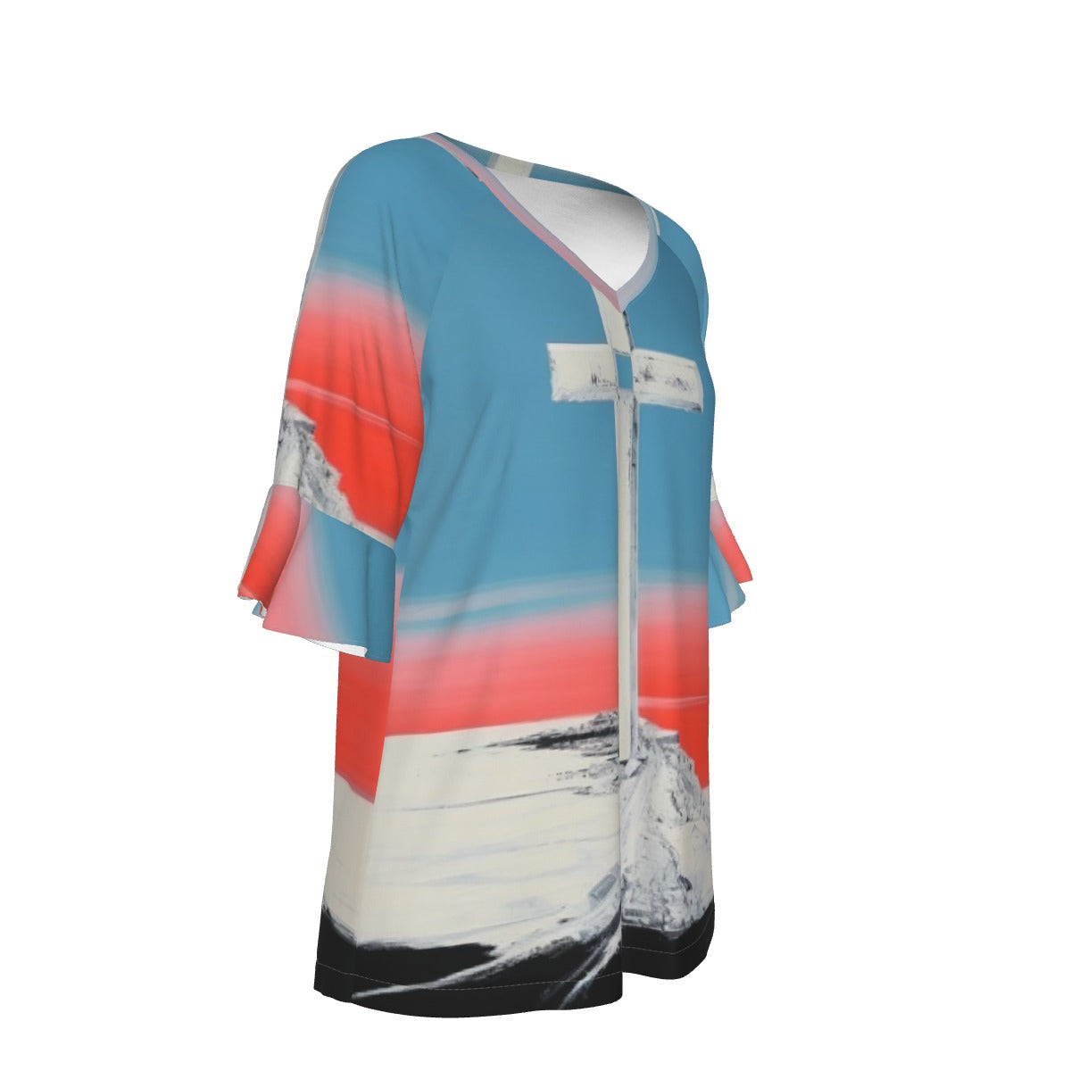 All-Over Print V-neck Women's T-shirt With Bell Sleeve