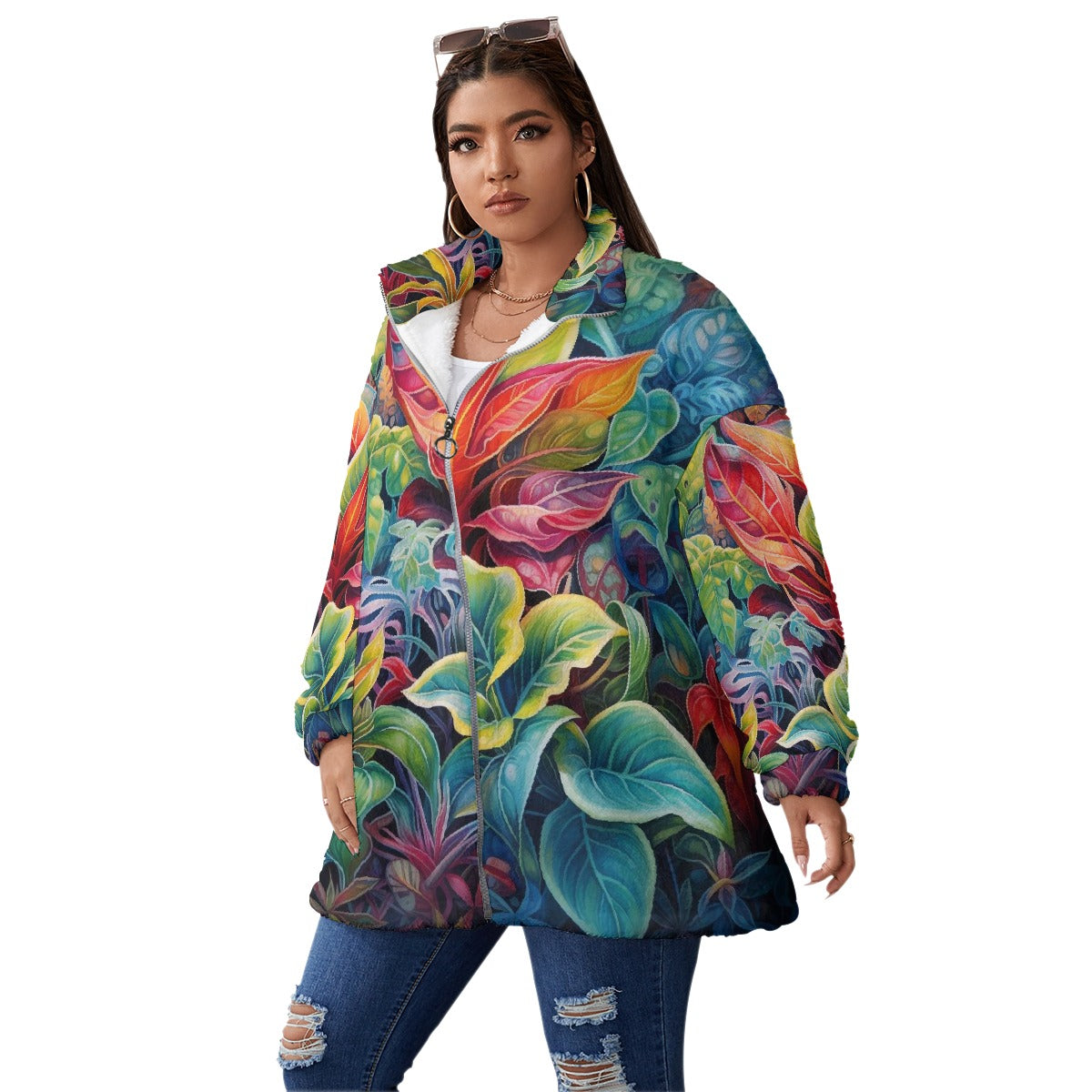 All-Over Print Unisex Borg Fleece Stand-up Collar Coat With Zipper Closure(Plus Size)