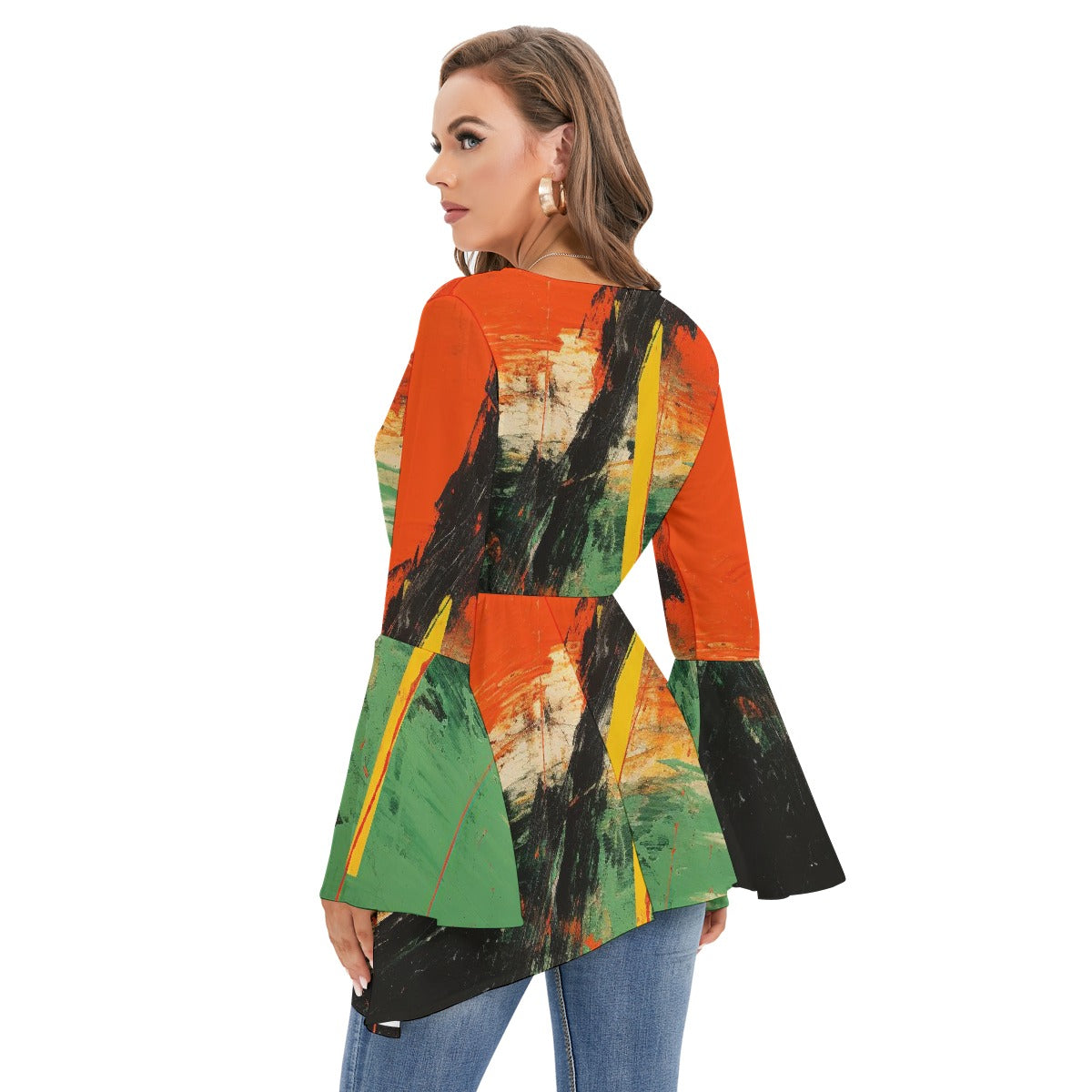 All-Over Print Women's V-neck Blouse With Flared Sleeves