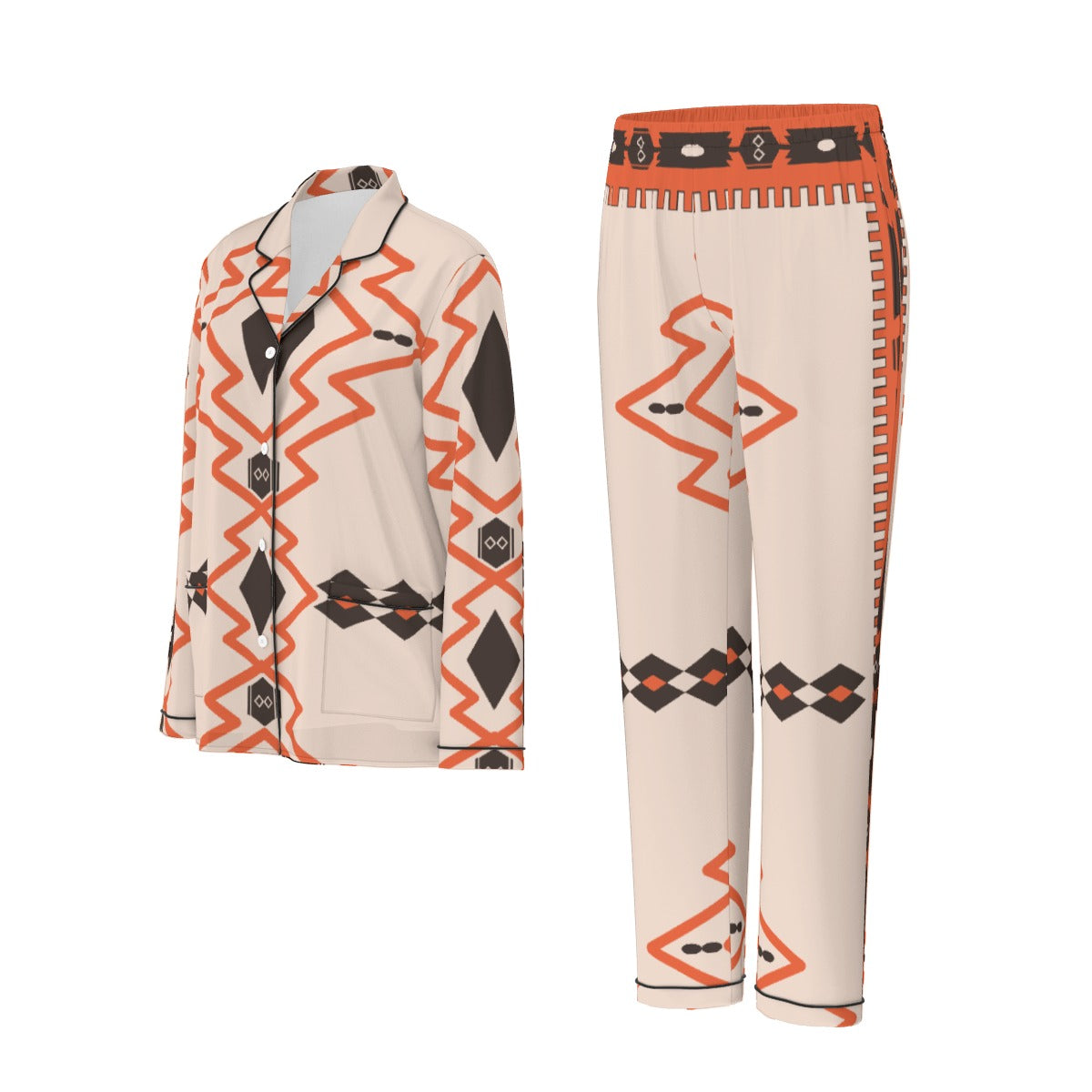 All-Over Print Women's Long Sleeve Pajama Set With Black Contrast Piping