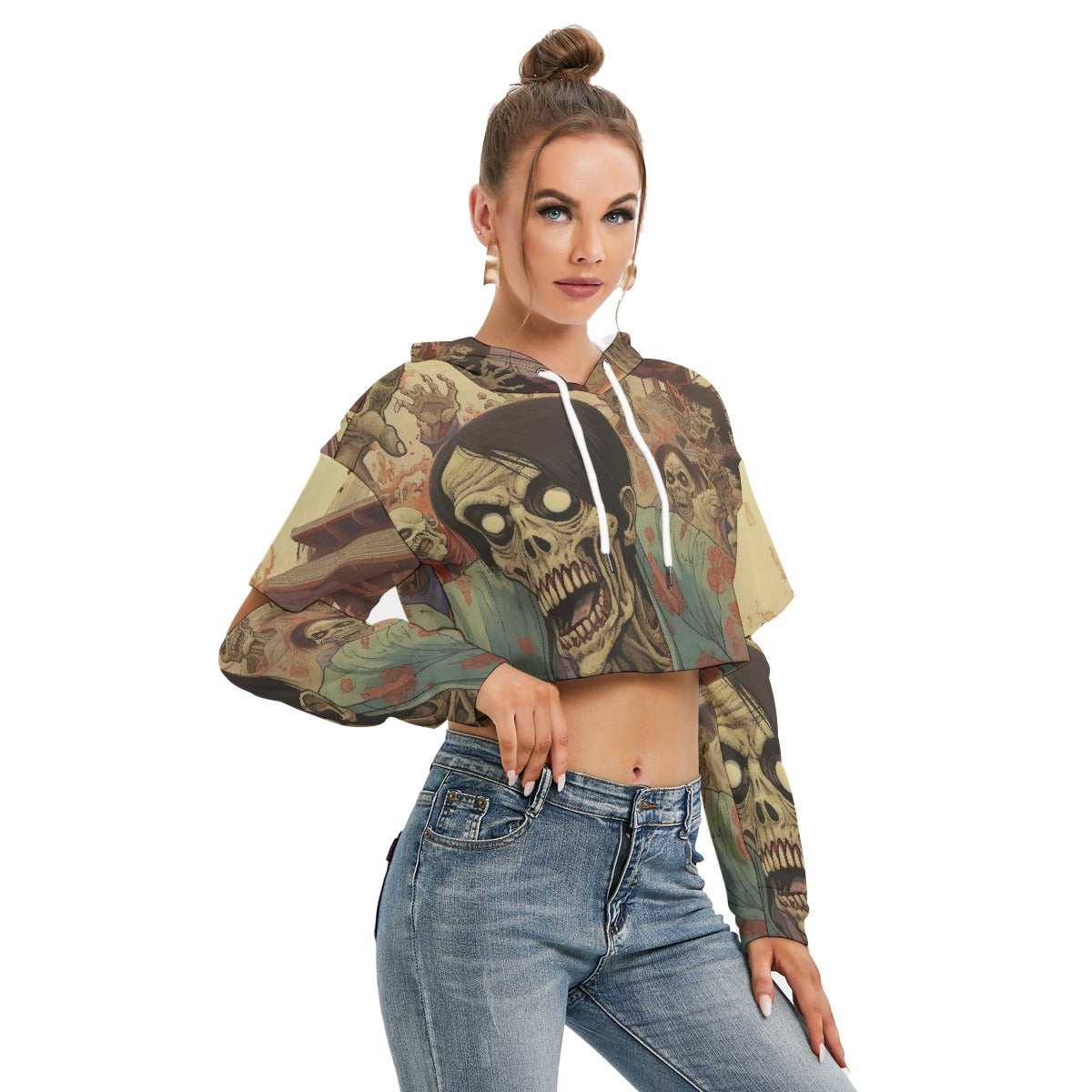 All-Over Print Women's Heavy Fleece Hoodie With Hollow Out Sleeve