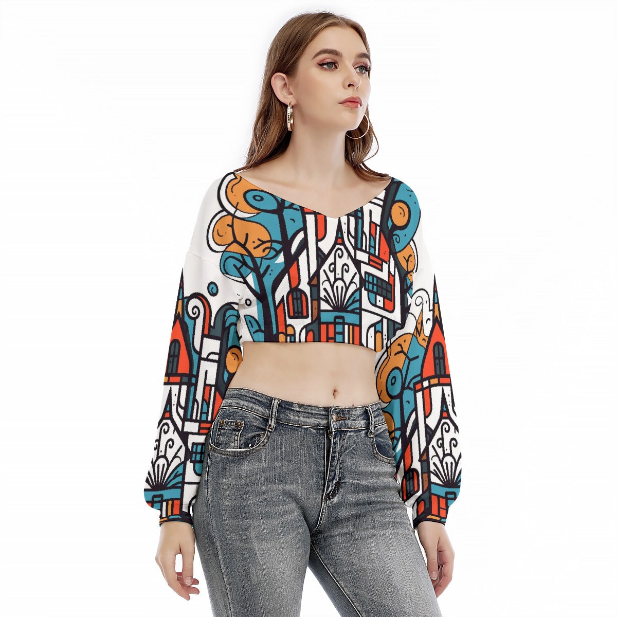 All-Over Print Women's V-neck Long Sleeve Cropped Sweatshirt