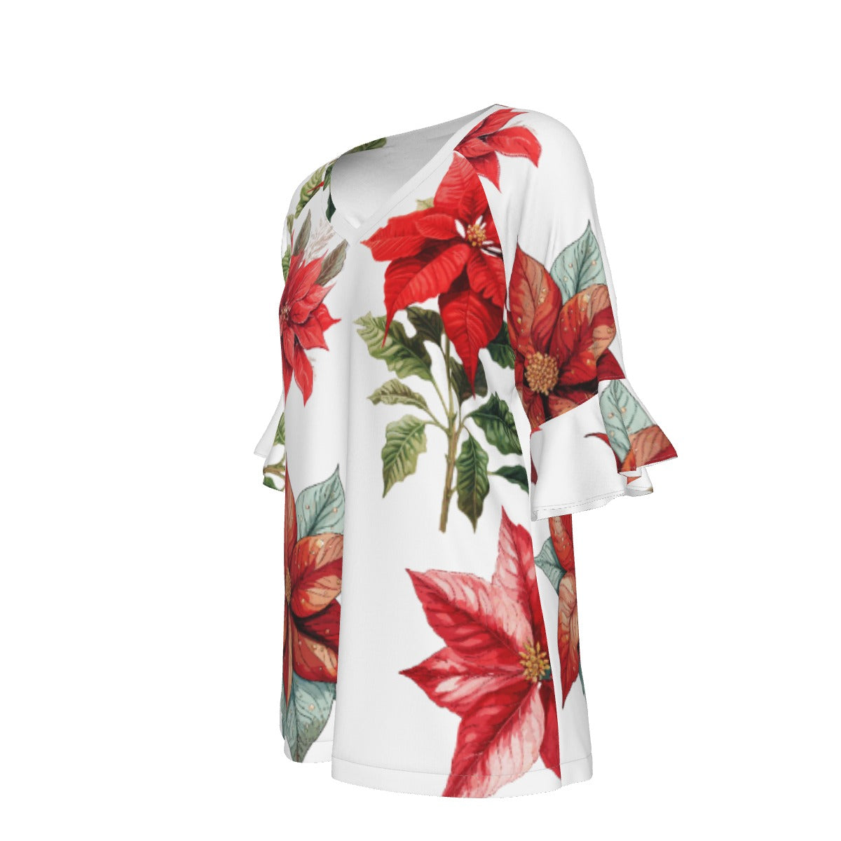 All-Over Print V-neck Women's T-shirt With Bell Sleeve