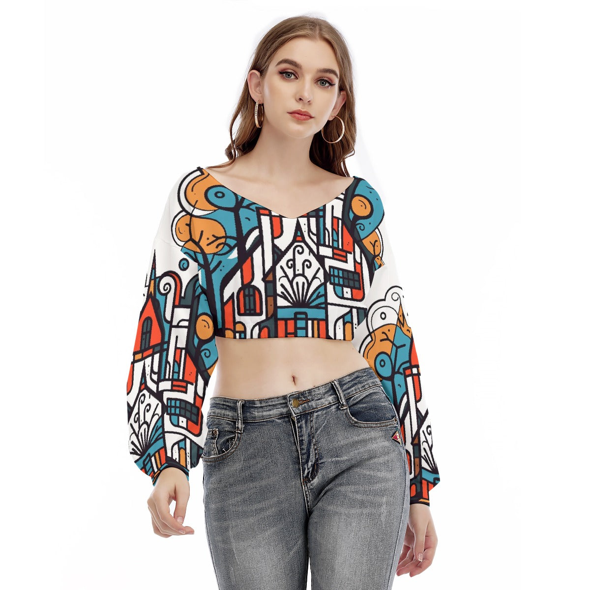 All-Over Print Women's V-neck Long Sleeve Cropped Sweatshirt