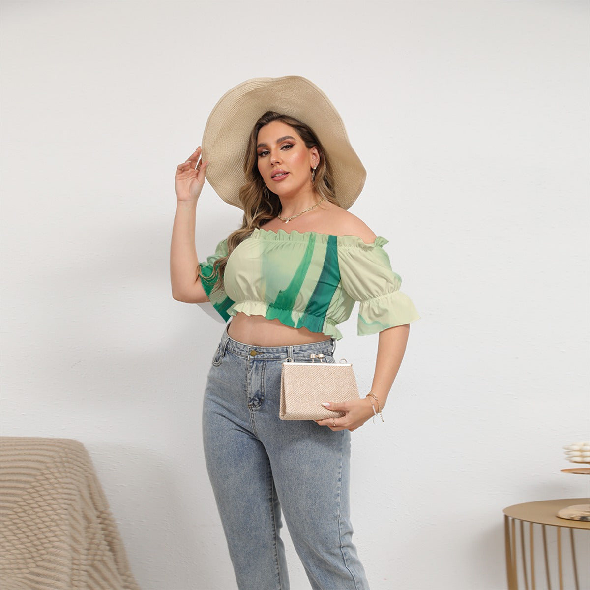 All-Over Print Women's Off-shoulder Cropped Top With Short Puff Sleeve