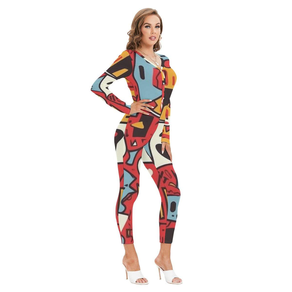 All-Over Print Women's Plunging Neck Jumpsuit