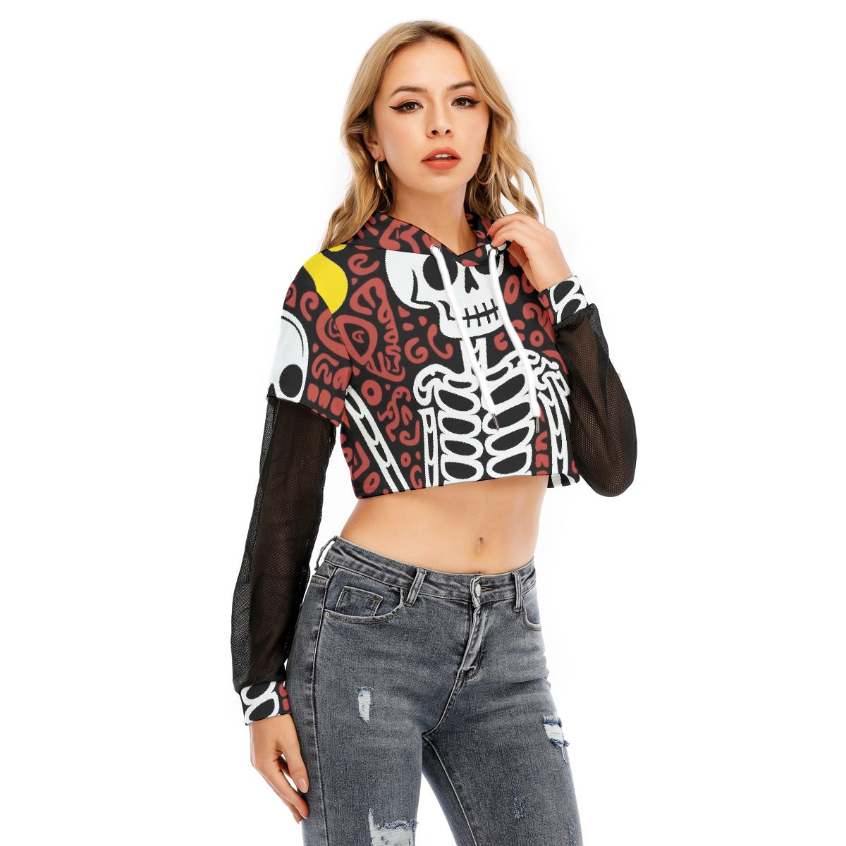 All-Over Print Women's Fake Two-piece Mesh Sleeve Cropped Hoodie