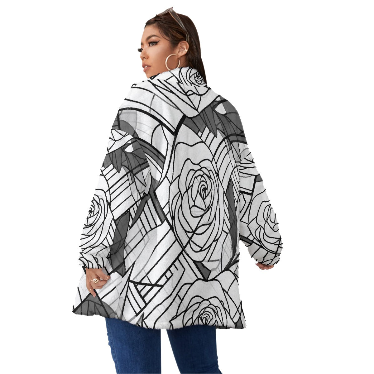 All-Over Print Unisex Borg Fleece Stand-up Collar Coat With Zipper Closure(Plus Size)