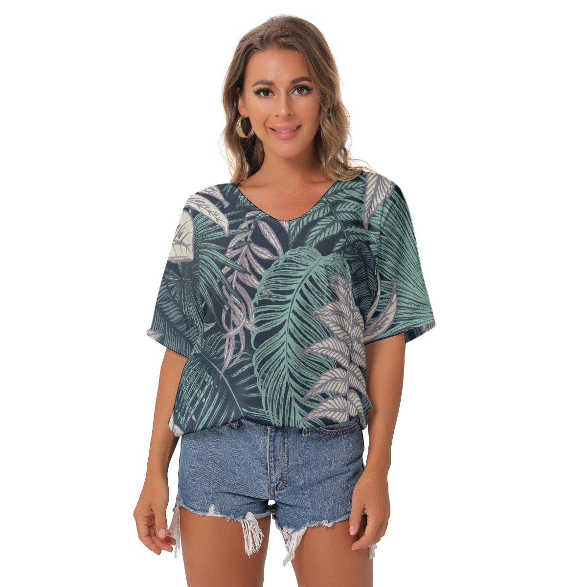 All-Over Print Women's Bat Sleeves V-Neck Blouse