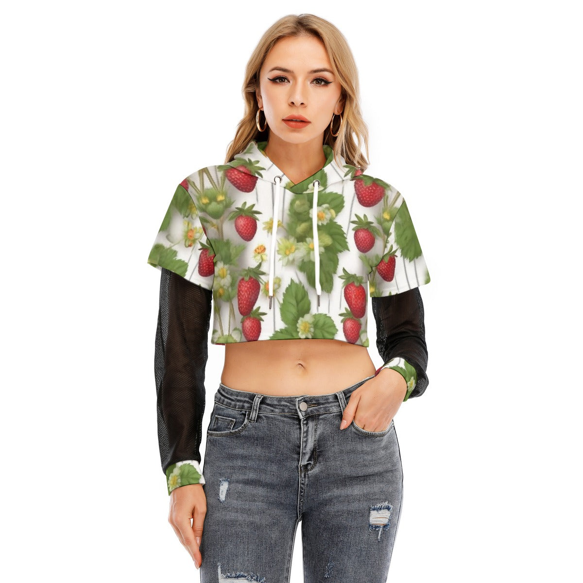 All-Over Print Women's Fake Two-piece Mesh Sleeve Cropped Hoodie