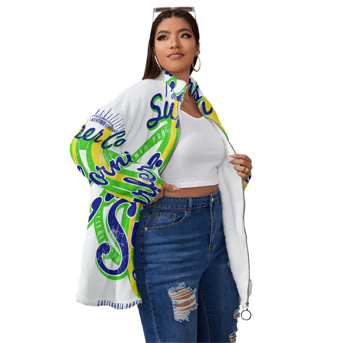 All-Over Print Unisex Borg Fleece Stand-up Collar Coat With Zipper Closure(Plus Size)