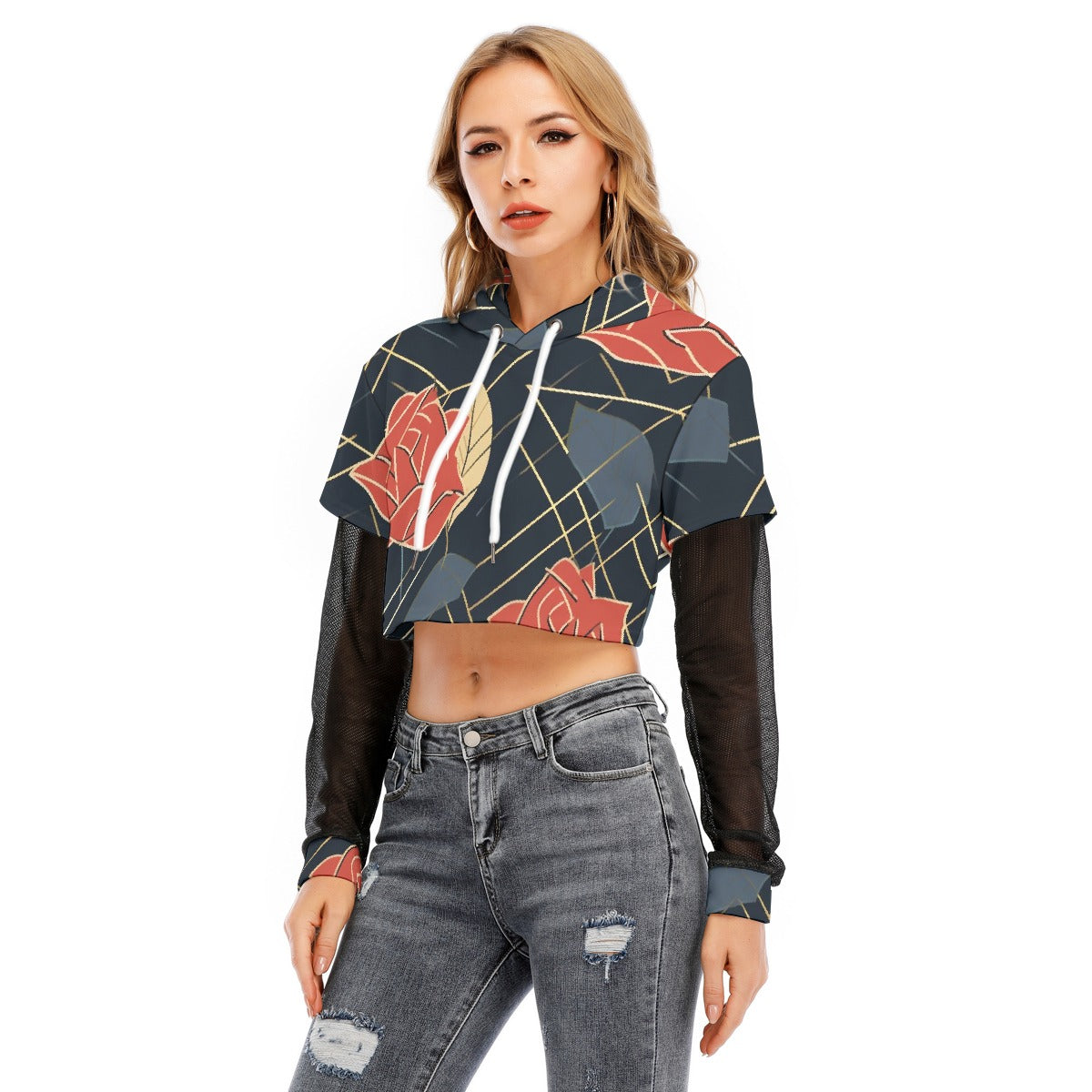 All-Over Print Women's Fake Two-piece Mesh Sleeve Cropped Hoodie