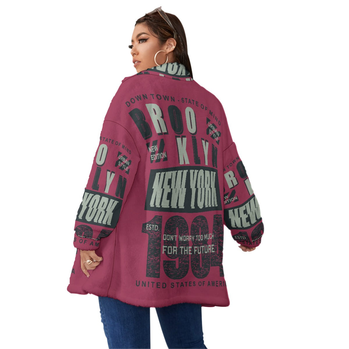All-Over Print Unisex Borg Fleece Stand-up Collar Coat With Zipper Closure(Plus Size)