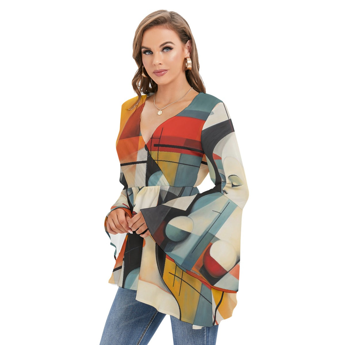 All-Over Print Women's V-neck Blouse With Flared Sleeves