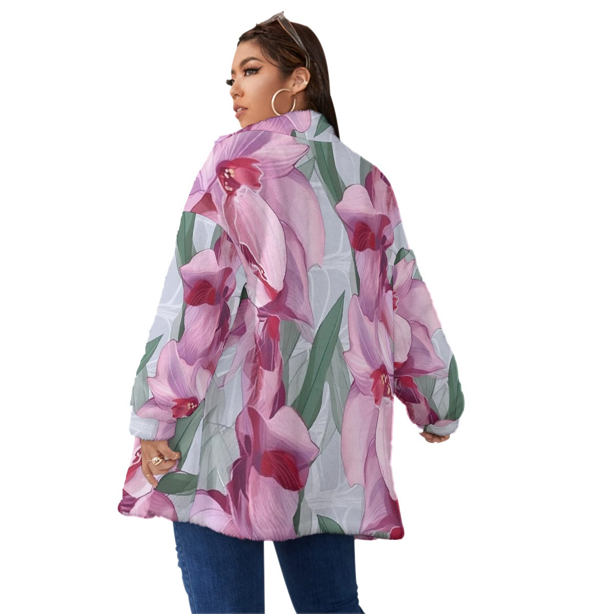 All-Over Print Unisex Borg Fleece Stand-up Collar Coat With Zipper Closure(Plus Size)