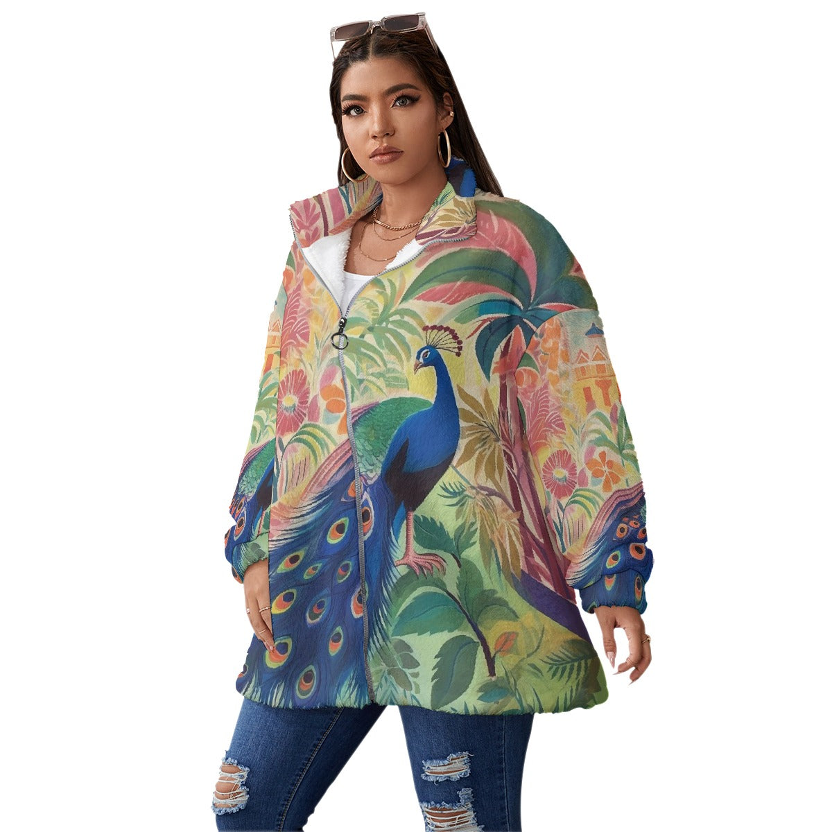 All-Over Print Unisex Borg Fleece Stand-up Collar Coat With Zipper Closure(Plus Size)
