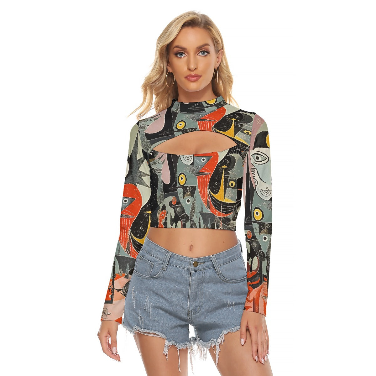All-Over Print Women's Hollow Chest Keyhole Tight Crop Top