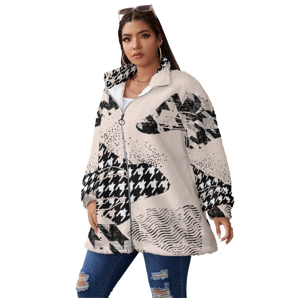 All-Over Print Unisex Borg Fleece Stand-up Collar Coat With Zipper Closure(Plus Size)