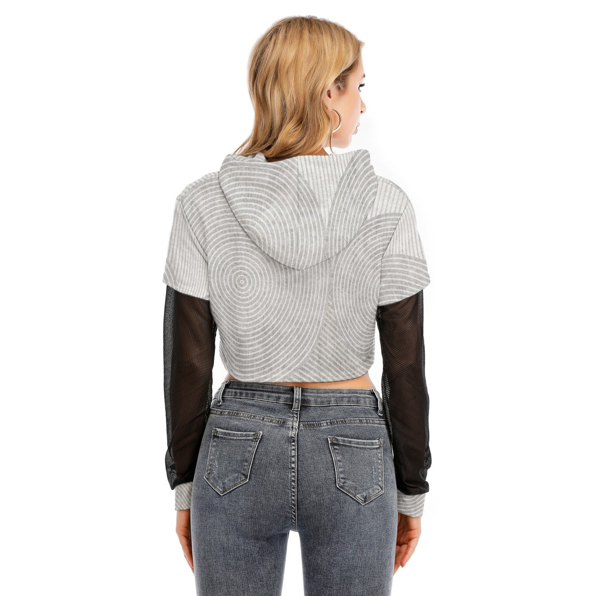 All-Over Print Women's Fake Two-piece Mesh Sleeve Cropped Hoodie