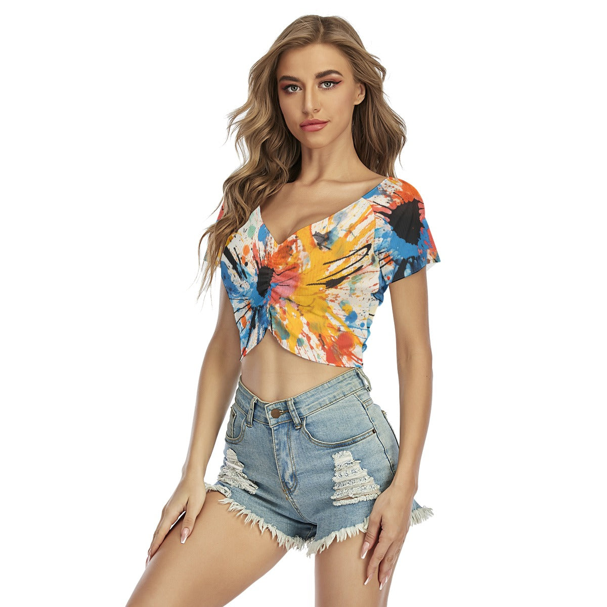 All-Over Print Women's Raglan Drawstring Front  Crop Tee
