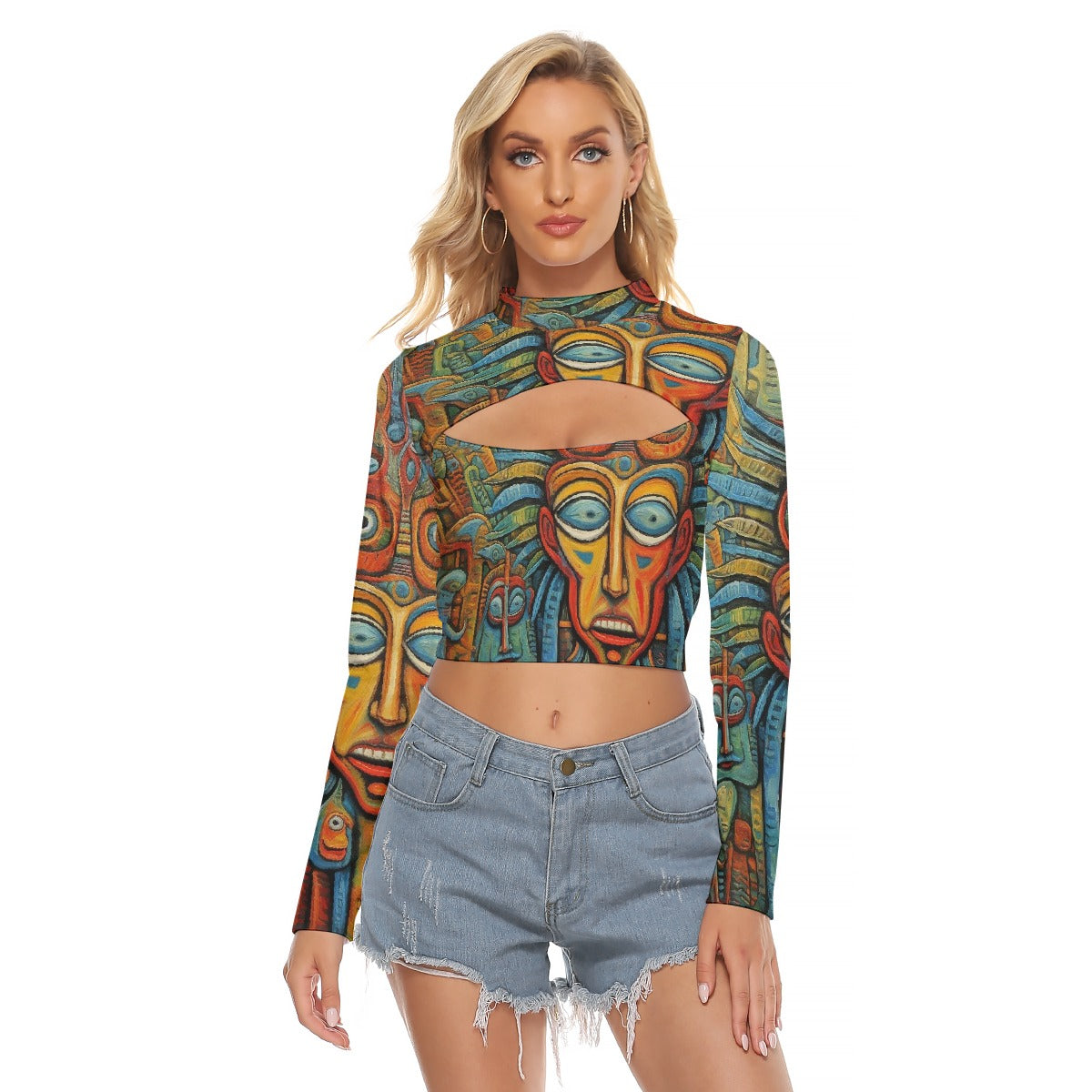 All-Over Print Women's Hollow Chest Keyhole Tight Crop Top