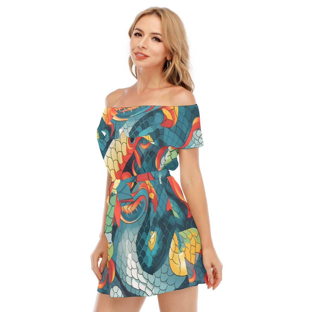 All-Over Print Women's Off-shoulder Dress With Ruffle