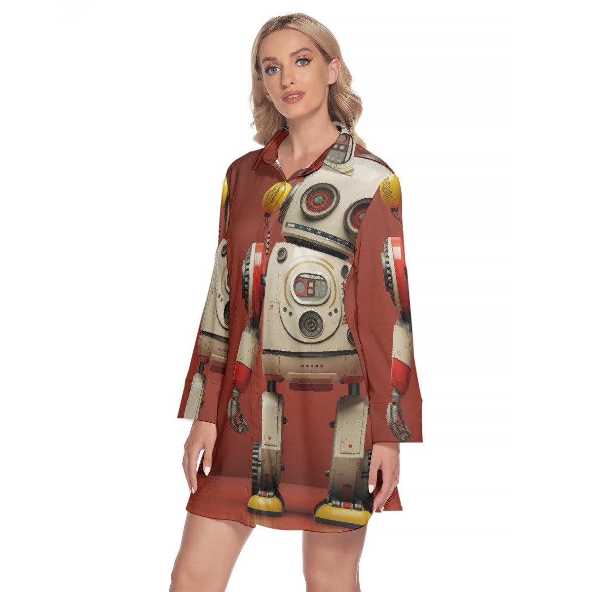 All-Over Print Women's Lapel Shirt Dress With Long Sleeve