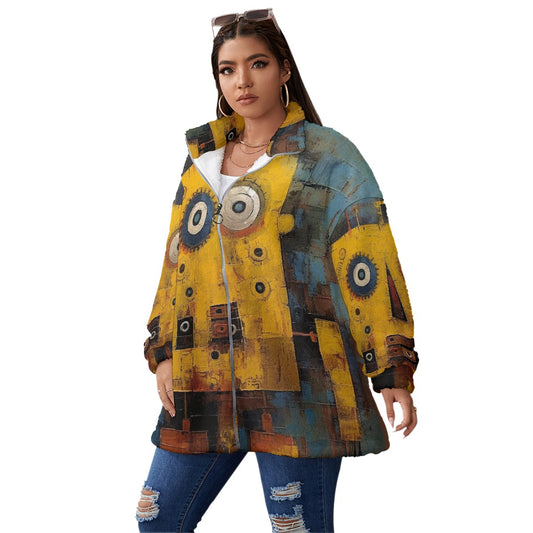 All-Over Print Unisex Borg Fleece Stand-up Collar Coat With Zipper Closure(Plus Size)