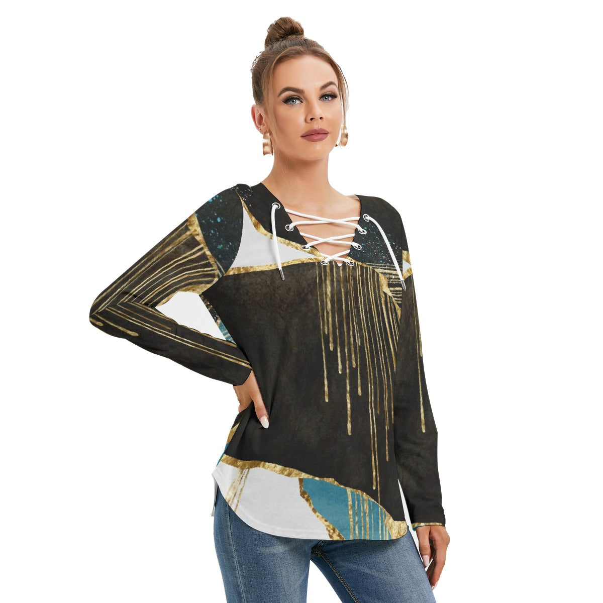 All-Over Print Women's Long Sleeve Neckline Tie Sweatshirt