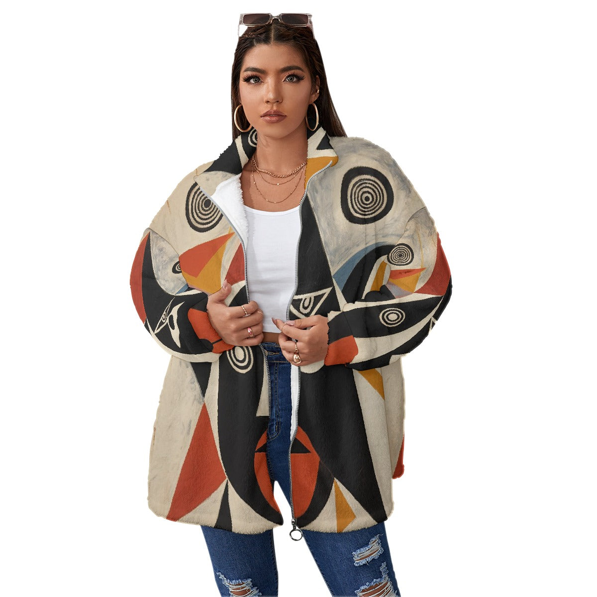 All-Over Print Unisex Borg Fleece Stand-up Collar Coat With Zipper Closure(Plus Size)