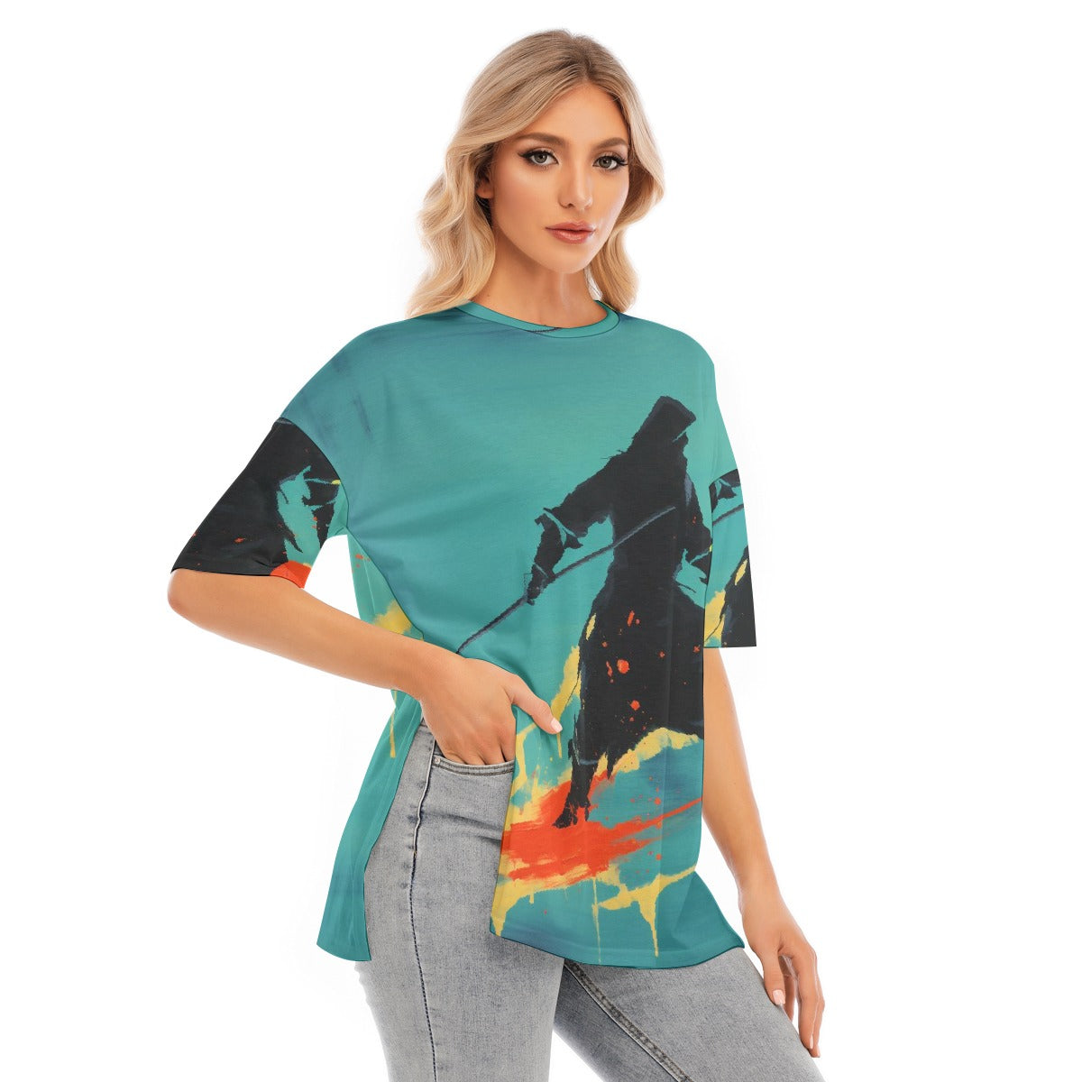 All-Over Print Women's Short Sleeves T-shirt With Hem Split