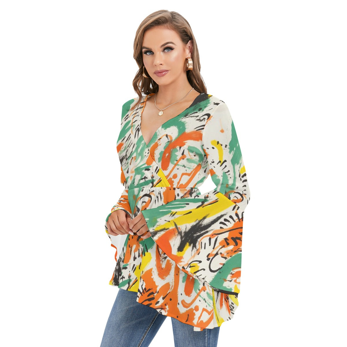 All-Over Print Women's V-neck Blouse With Flared Sleeves