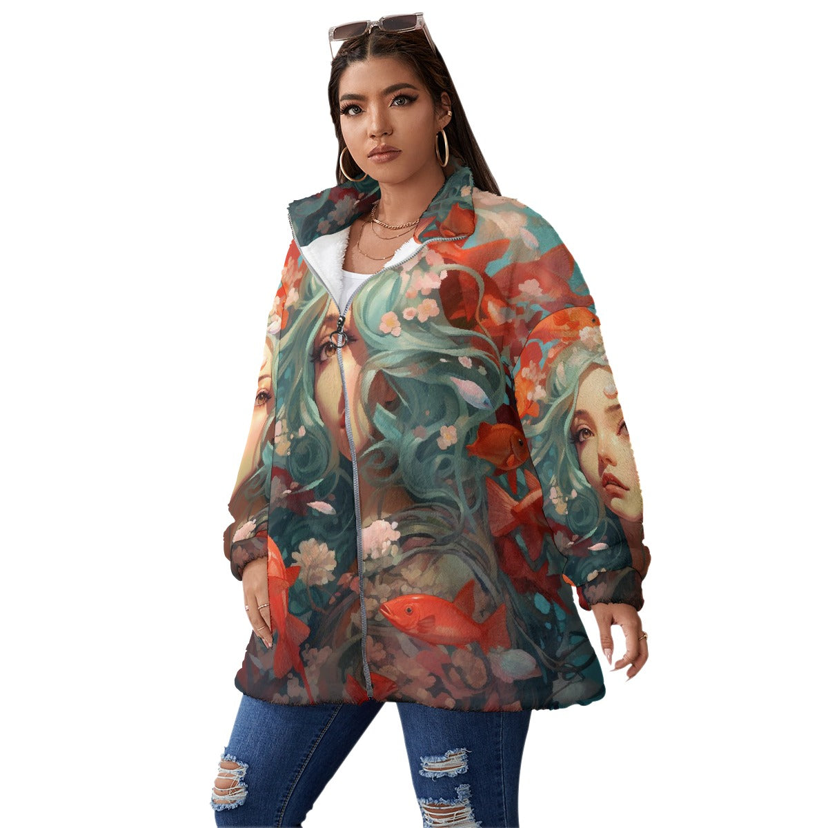 All-Over Print Unisex Borg Fleece Stand-up Collar Coat With Zipper Closure(Plus Size)