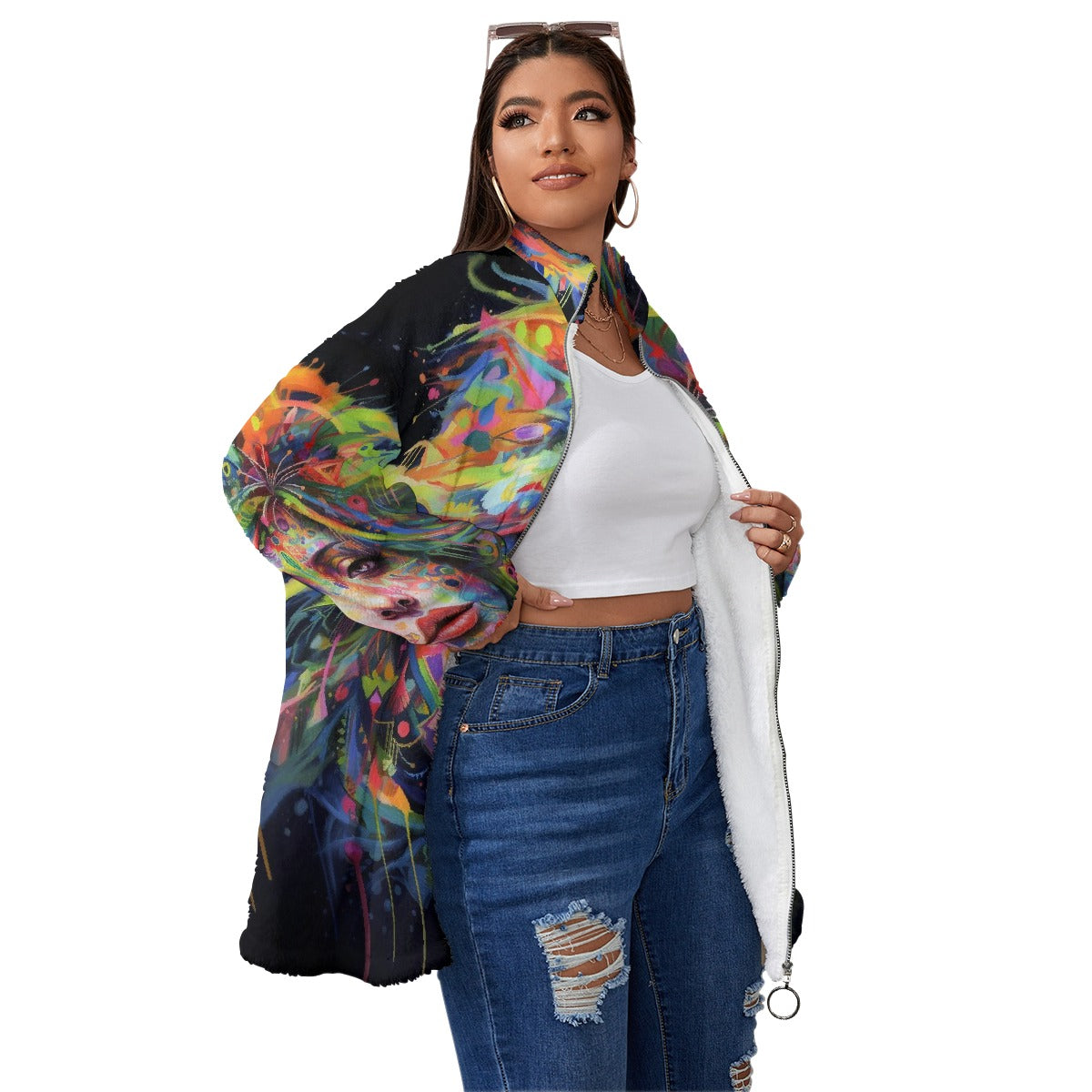 All-Over Print Unisex Borg Fleece Stand-up Collar Coat With Zipper Closure(Plus Size)